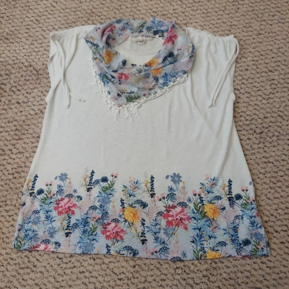 One World Live and Let Live Floral Shirt w Scarf XXL Blouse NWOT